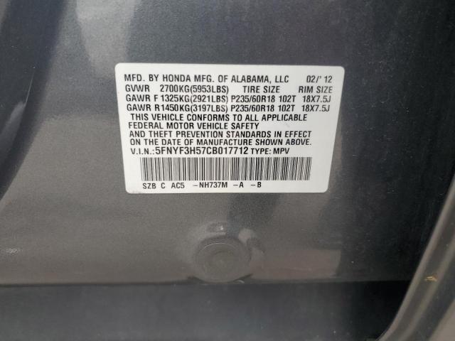 5FNYF3H57CB017712 - 2012 HONDA PILOT EXL GRAY photo 14