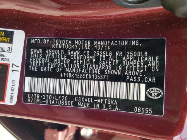 4T1BK1EB5EU135571 - 2014 TOYOTA AVALON BASE BURGUNDY photo 12