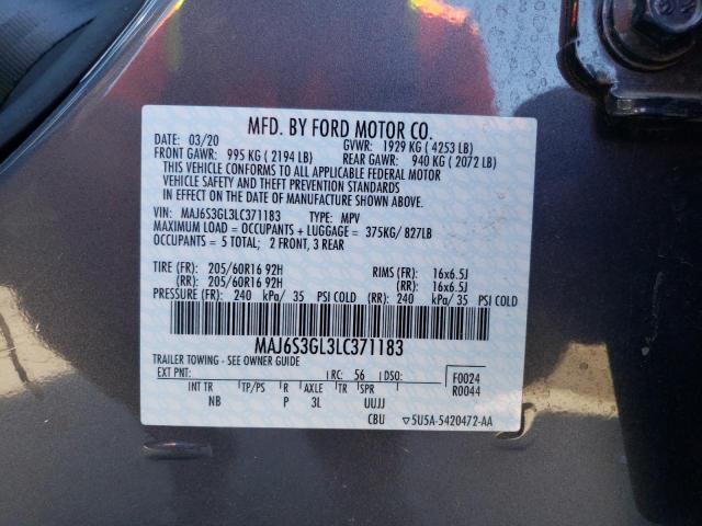 MAJ6S3GL3LC371183 - 2020 FORD ECOSPORT SE GRAY photo 12