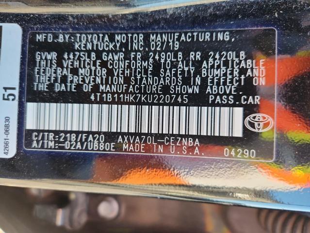 4T1B11HK7KU220745 - 2019 TOYOTA CAMRY L 黑色 照片 12