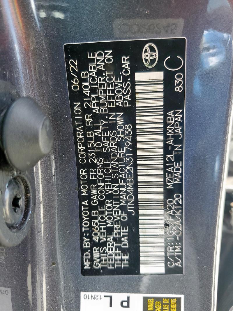 JTND4MBE2N3179438 - 2022 TOYOTA COROLLA SE GRAY photo 14