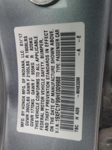 19XFC1F99HE009988 - 2017 HONDA CIVIC TOURING GRAY photo 12