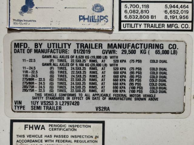 1UYVS2533L2797420 - 2020 UTILITY TRAILER WHITE photo 10