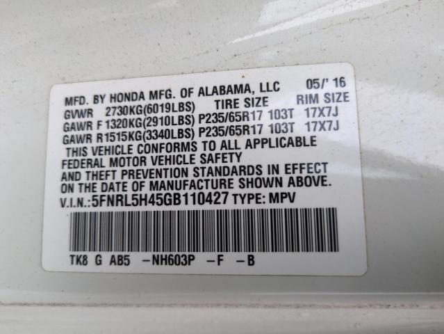 5FNRL5H45GB110427 - 2016 HONDA ODYSSEY EX WHITE photo 13