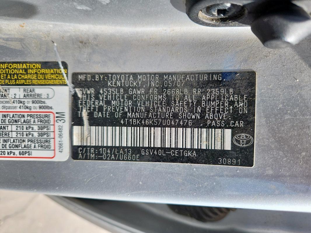 4T1BK46K57U047476 - 2007 TOYOTA CAMRY LE SILVER photo 12