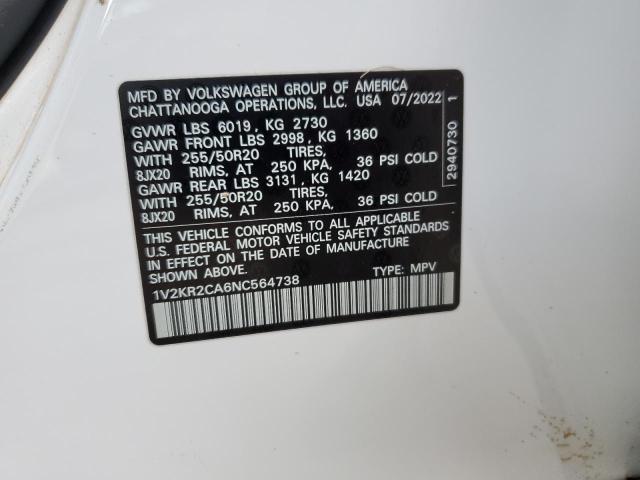 1V2KR2CA6NC564738 - 2022 VOLKSWAGEN ATLAS SE Սպիտակ լուսանկար 13
