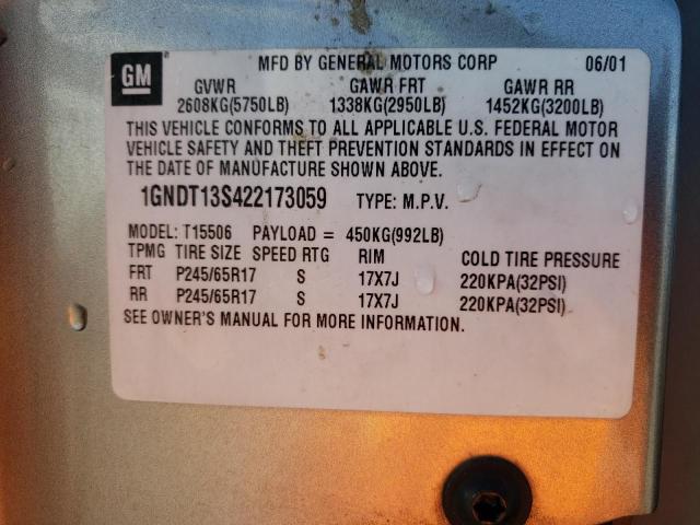 1GNDT13S422173059 - 2002 CHEVROLET TRAILBLAZE SILVER photo 13