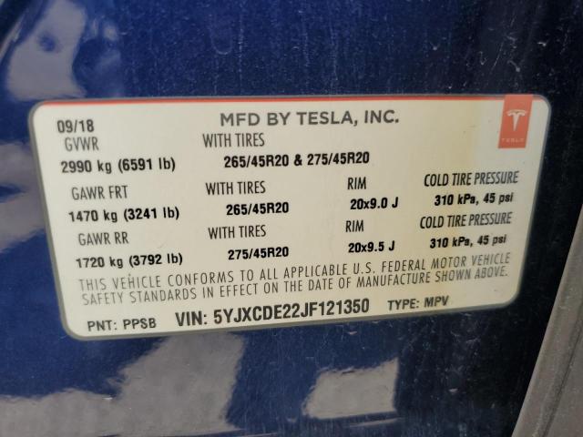 5YJXCDE22JF121350 - 2018 TESLA MODEL X 蓝色 照片 12