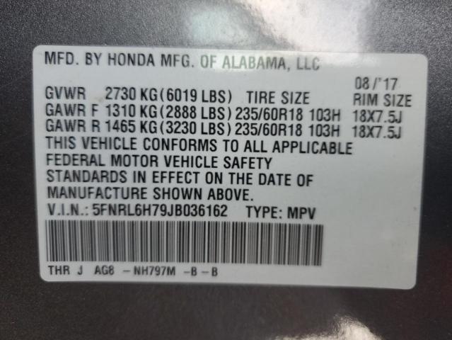 5FNRL6H79JB036162 - 2018 HONDA ODYSSEY EXL GRAY photo 14