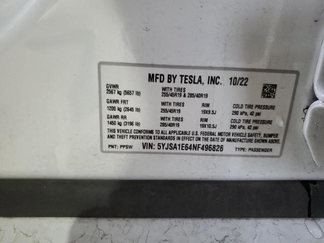 5YJSA1E64NF496826 - 2022 TESLA MODEL S WHITE photo 12