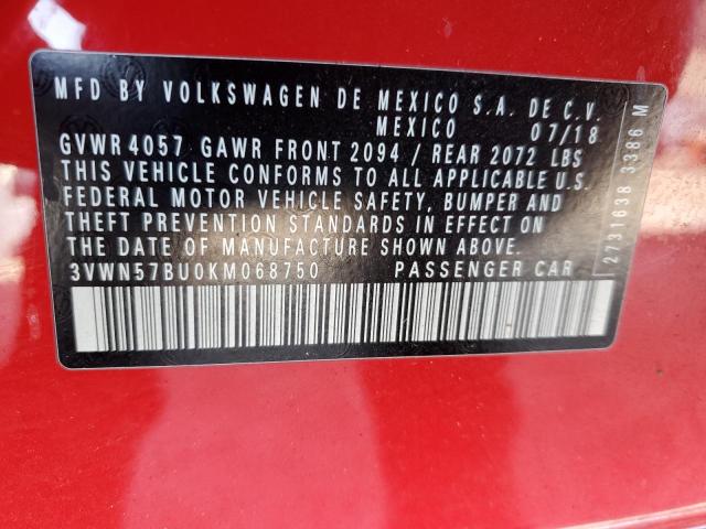 3VWN57BU0KM068750 - 2019 VOLKSWAGEN JETTA S 红色 照片 13