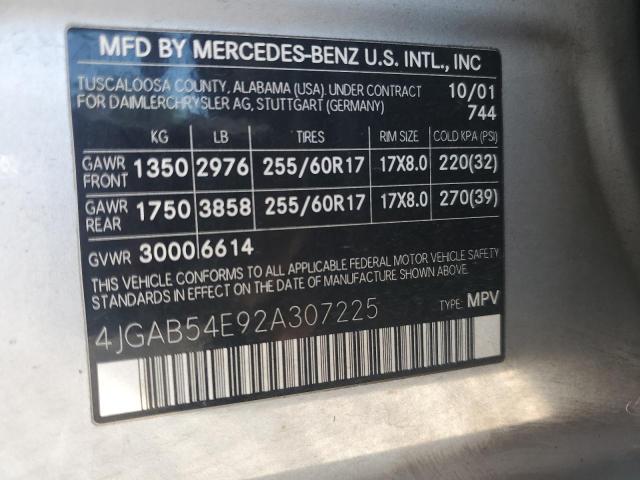 4JGAB54E92A307225 - 2002 MERCEDES-BENZ ML 320 ვერცხლისფერი ფოტო 13