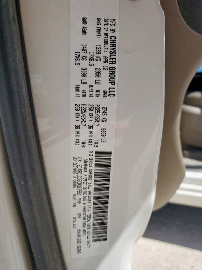 2C4RC1CG5CR327551 - 2012 CHRYSLER TOWN & COU TOURING L WHITE photo 13