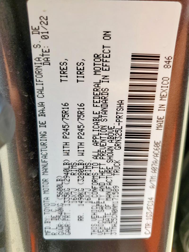 3TMAZ5CN0NM171589 - 2022 TOYOTA TACOMA DOUBLE CAB ნაცრისფერი ფოტო 13