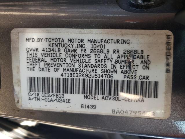 4T1BE32K92U514706 - 2002 TOYOTA CAMRY LE GRAY photo 12