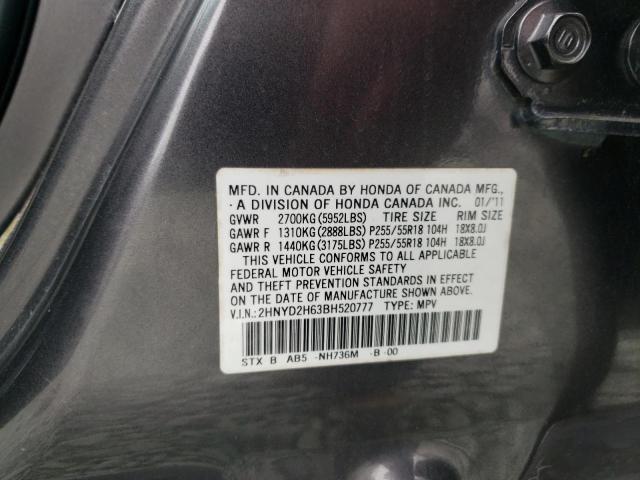 2HNYD2H63BH520777 - 2011 ACURA MDX TECHNOLOGY CHARCOAL photo 10