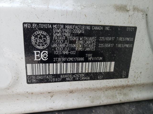 2T3B1RFV2MC176886 - 2021 TOYOTA RAV4 LE WHITE photo 10