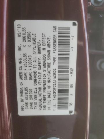 1HGCP2F74AA143524 - 2010 HONDA ACCORD EX MAROON photo 12