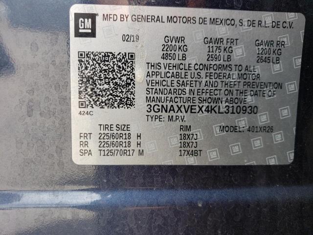 3GNAXVEX4KL310930 - 2019 CHEVROLET EQUINOX LT BLUE photo 13