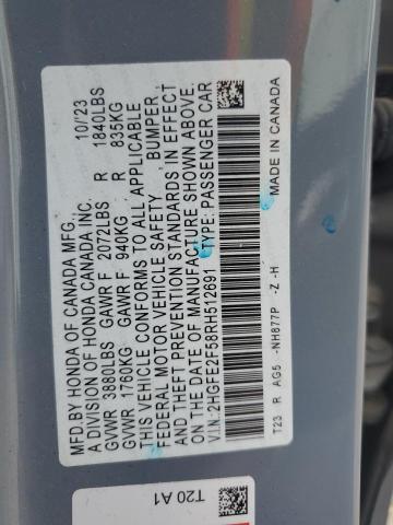 2HGFE2F58RH512691 - 2024 HONDA CIVIC SPORT BLUE photo 12