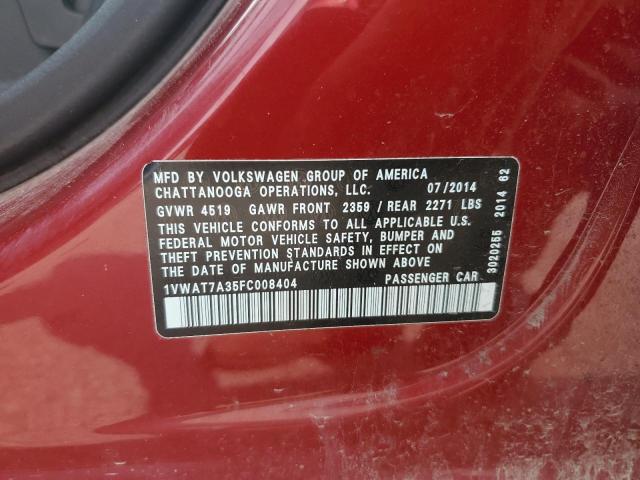 1VWAT7A35FC008404 - 2015 VOLKSWAGEN PASSAT S წითელი ფოტო 13