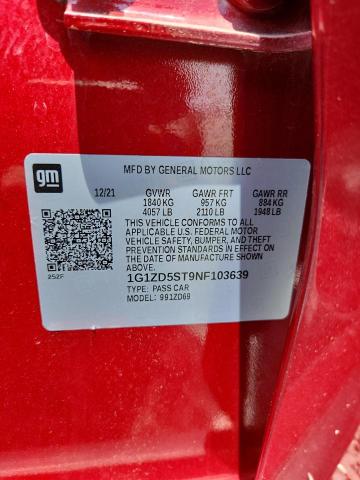 1G1ZD5ST9NF103639 - 2022 CHEVROLET MALIBU LT أحمر صورة 12