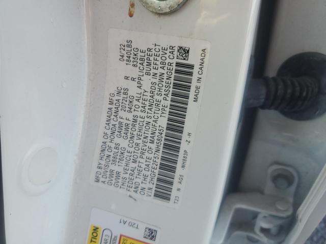 2HGFE2F57NH580457 - 2022 HONDA CIVIC SPORT WHITE photo 12