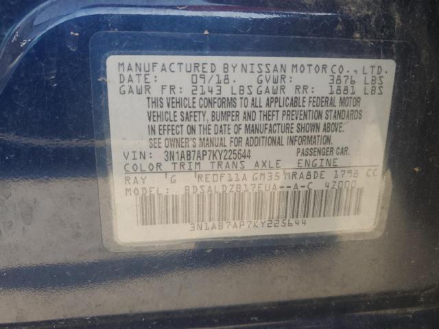 3N1AB7AP7KY225644 - 2019 NISSAN SENTRA S Көк фото 12