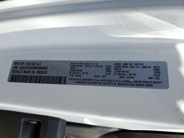 3C6LRVAG2ME584403 - 2021 RAM PROMASTER 1500 STANDARD WHITE photo 10