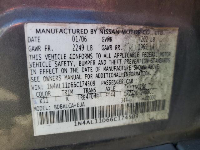 1N4AL11D66C174509 - 2006 NISSAN ALTIMA S GRAY photo 13