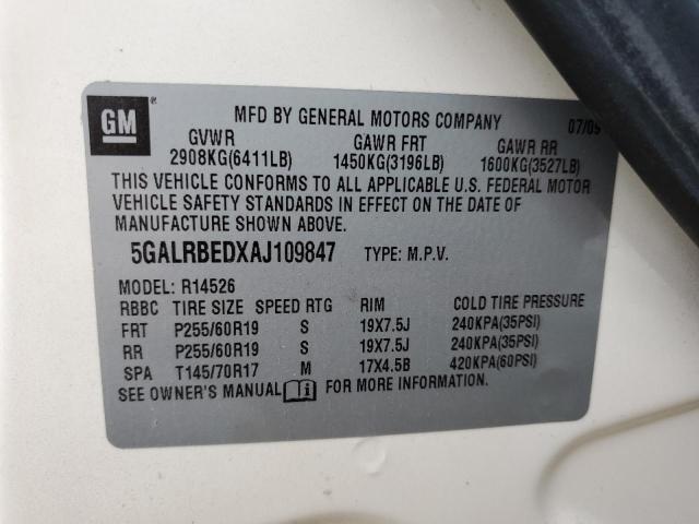 5GALRBEDXAJ109847 - 2010 BUICK ENCLAVE CXL CREAM photo 13