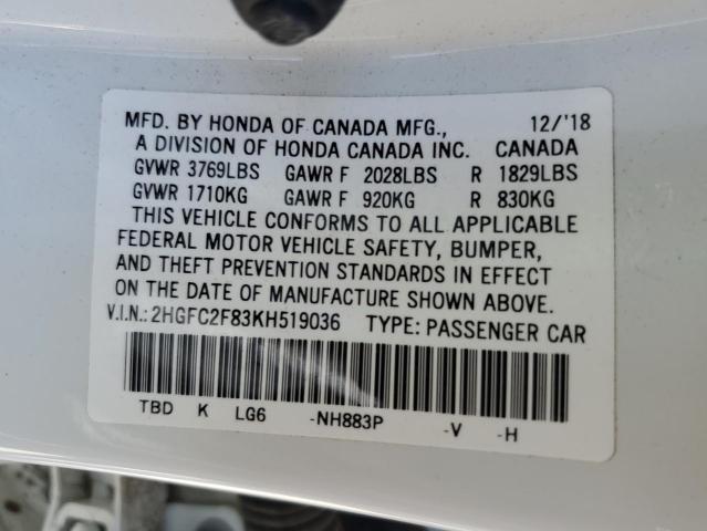 2HGFC2F83KH519036 - 2019 HONDA CIVIC SPORT Blanco foto 12