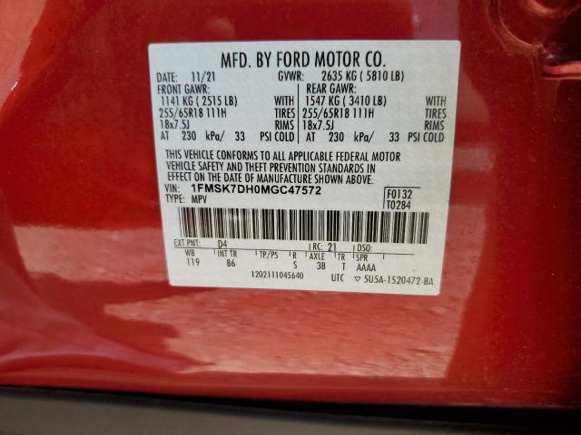 1FMSK7DH0MGC47572 - 2021 FORD EXPLORER XLT RED photo 13