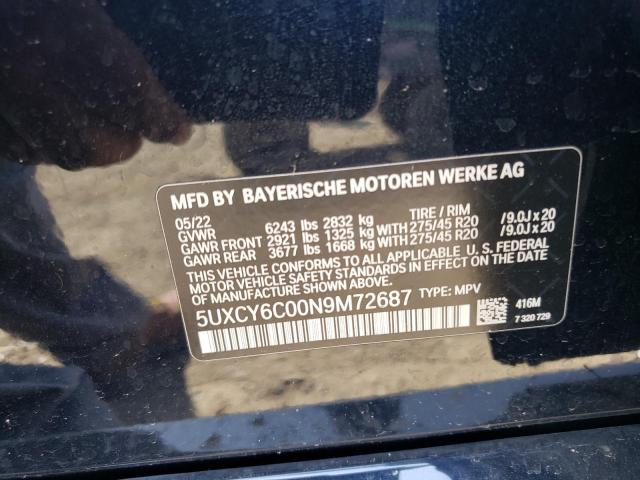 5UXCY6C00N9M72687 - 2022 BMW X6 XDRIVE40I BLACK photo 13