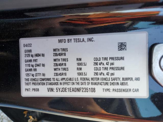 5YJ3E1EA0NF235108 - 2022 TESLA MODEL 3 黑色 照片 12