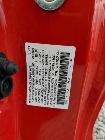 2HGFC4B82KH302496 - 2019 HONDA CIVIC SPORT RED photo 12