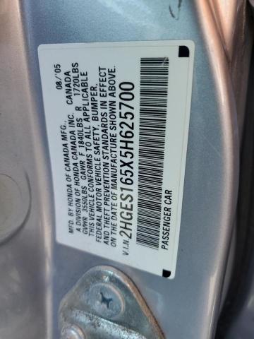 2HGES165X5H625700 - 2005 HONDA CIVIC LX SILVER photo 12