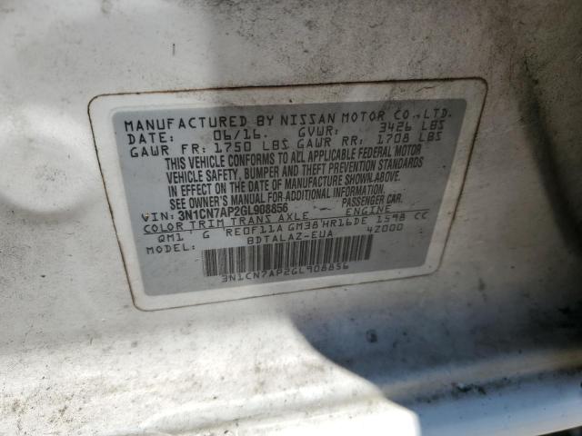 3N1CN7AP2GL908856 - 2016 NISSAN VERSA S თეთრი ფოტო 12