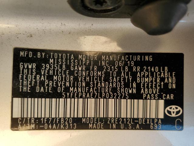 5YFEPRAE7LP032275 - 2020 TOYOTA COROLLA LE Gümüş foto 12