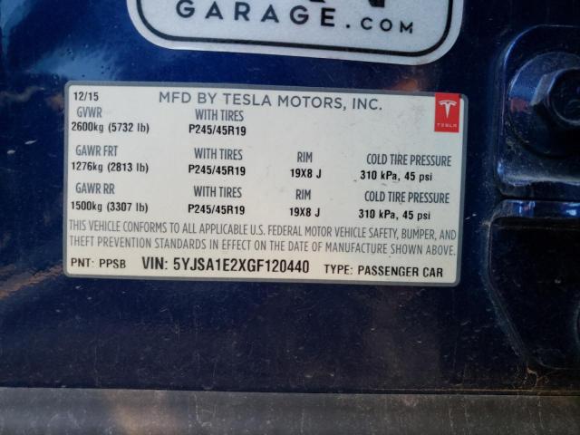5YJSA1E2XGF120440 - 2016 TESLA MODEL S Синій фото 12