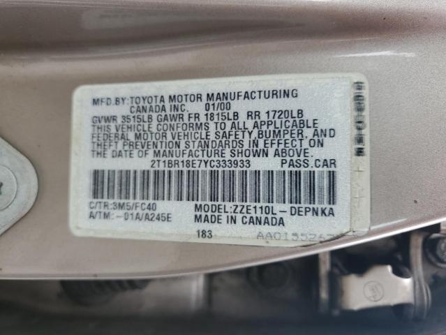 2T1BR18E7YC333933 - 2000 TOYOTA COROLLA VE 银色 照片 12