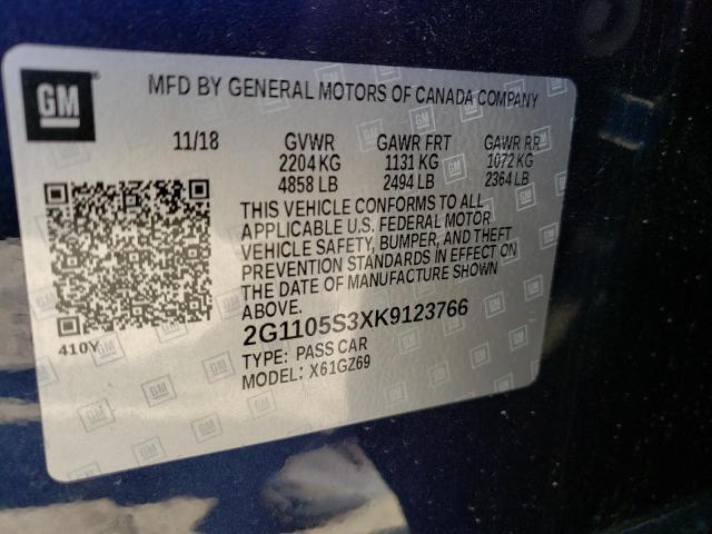 2G1105S3XK9123766 - 2019 CHEVROLET IMPALA PREMIER BLUE photo 10