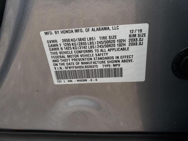 5FNYF6H03LB036375 - 2020 HONDA PILOT ELITE GRAY photo 12