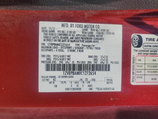 1ZVBP8AM0C5272654 - 2012 FORD MUSTANG RED photo 12