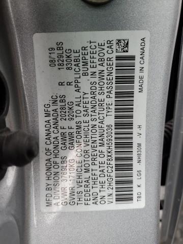 2HGFC2F8XKH593036 - 2019 HONDA CIVIC SPORT 银色 照片 13