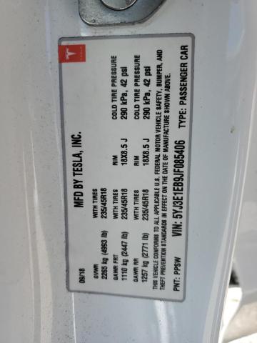 5YJ3E1EB9JF085406 - 2018 TESLA MODEL 3 白色 照片 13