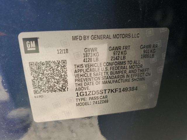 1G1ZD5ST7KF149384 - 2019 CHEVROLET MALIBU LT 蓝色 照片 12