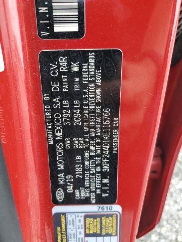 3KPF24AD1KE116766 - 2019 KIA FORTE FE 红色 照片 12