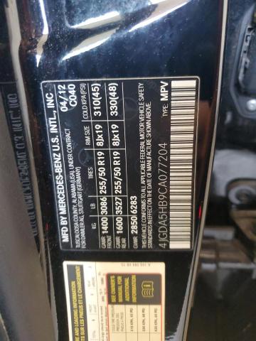 4JGDA5HB9CA077204 - 2012 MERCEDES-BENZ ML 350 4MATIC BLACK photo 12