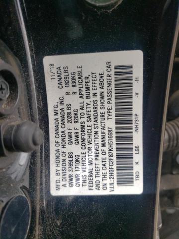 2HGFC2F87KH516687 - 2019 HONDA CIVIC SPORT 黑色 照片 12